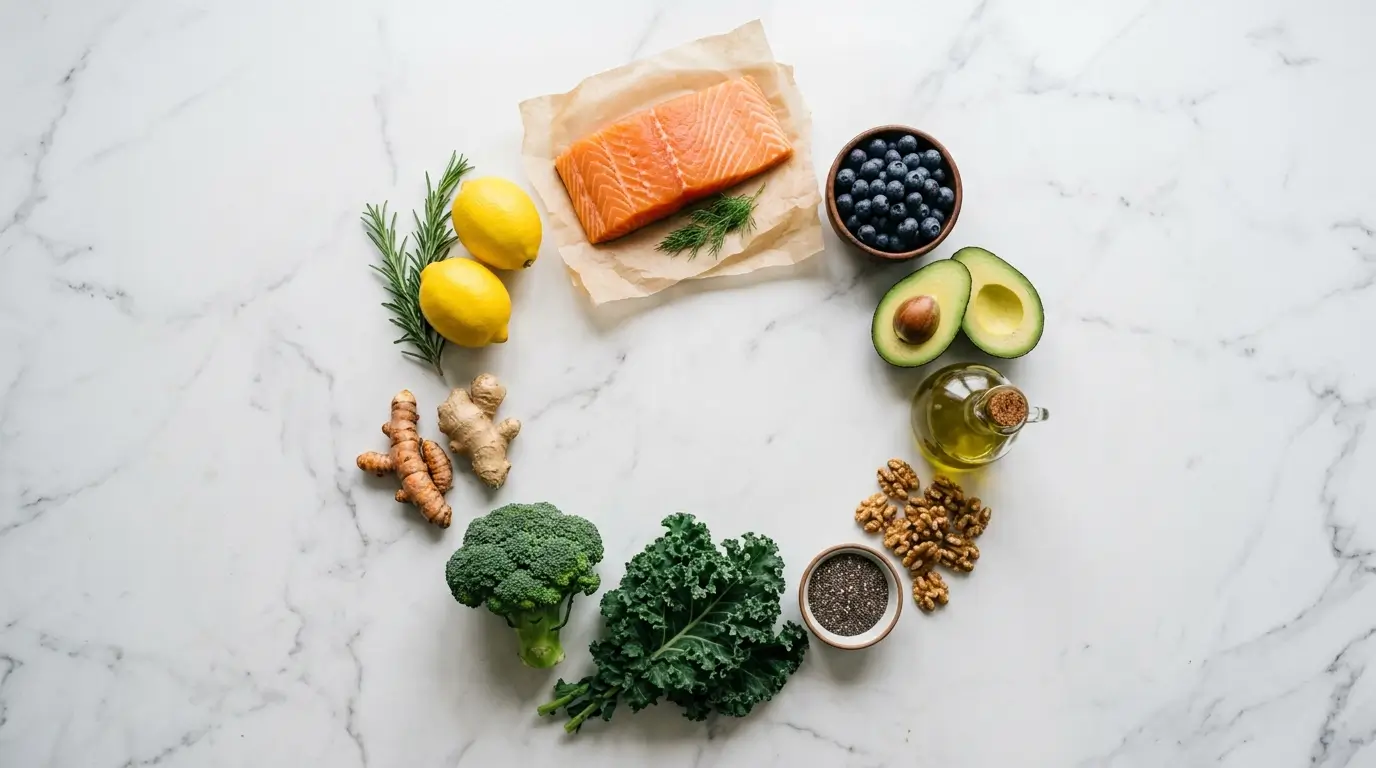 Anti-inflammatory foods like salmon, turmeric and greens arranged in a circle