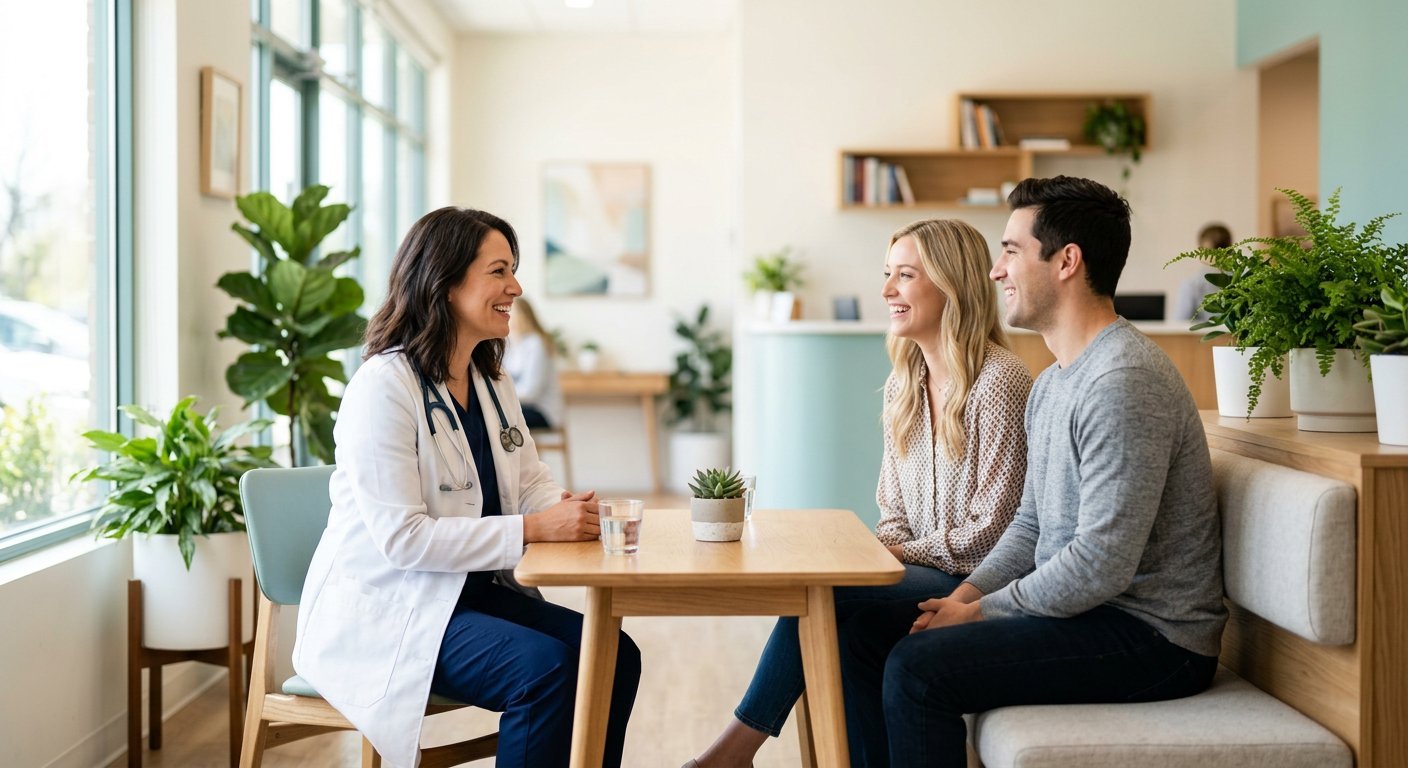 A friendly doctor chatting with a smiling couple at Strong Well Health clinic