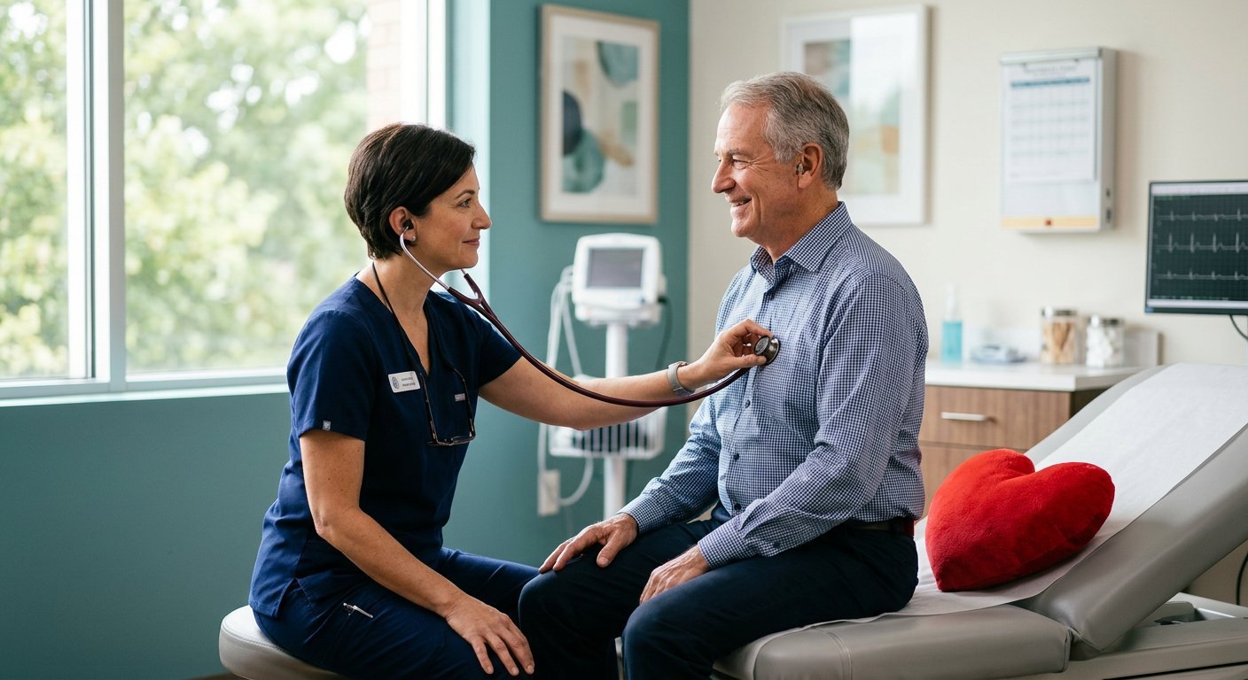 Cardiologist listening to a patient's heartbeat with a stethoscope