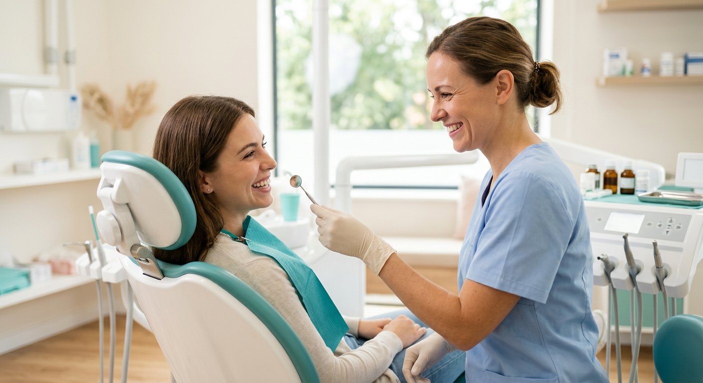 Dentist smiling with a patient in a modern dental chair