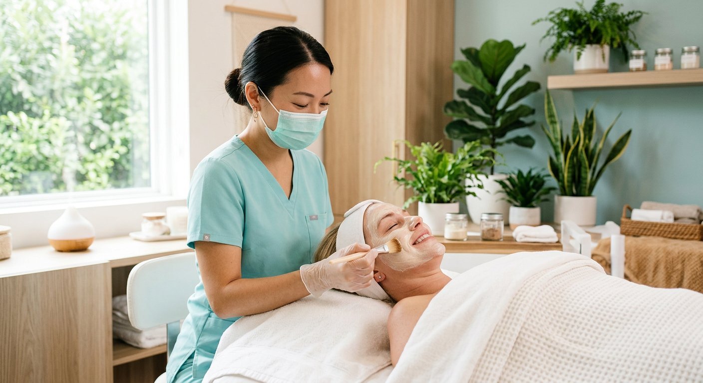 Esthetician giving a relaxing facial treatment to a client