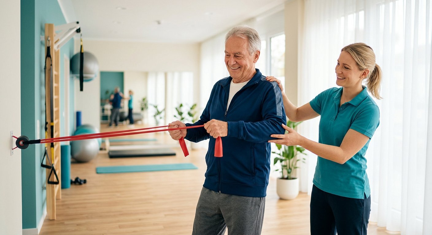 Physiotherapist guiding a patient through a resistance band exercise