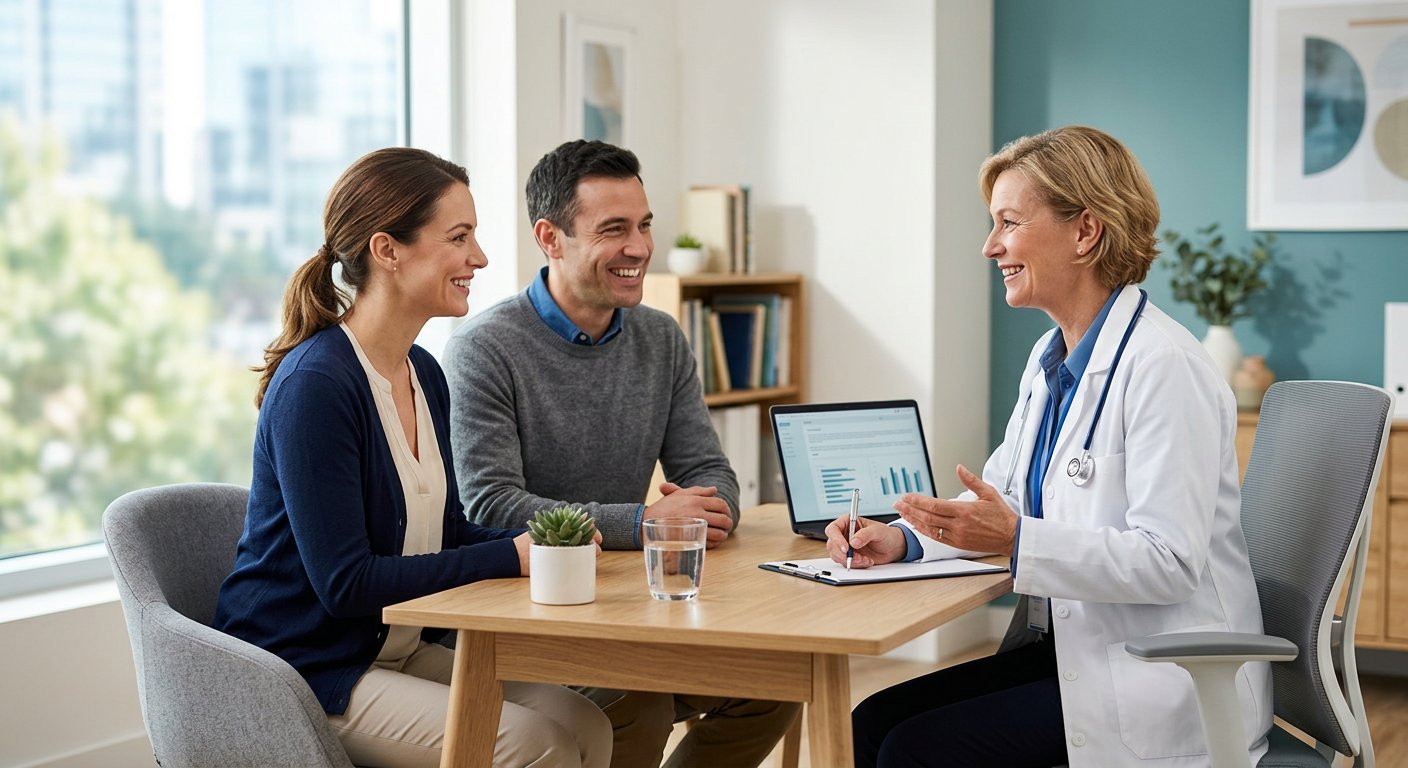 A couple consulting together with a friendly doctor