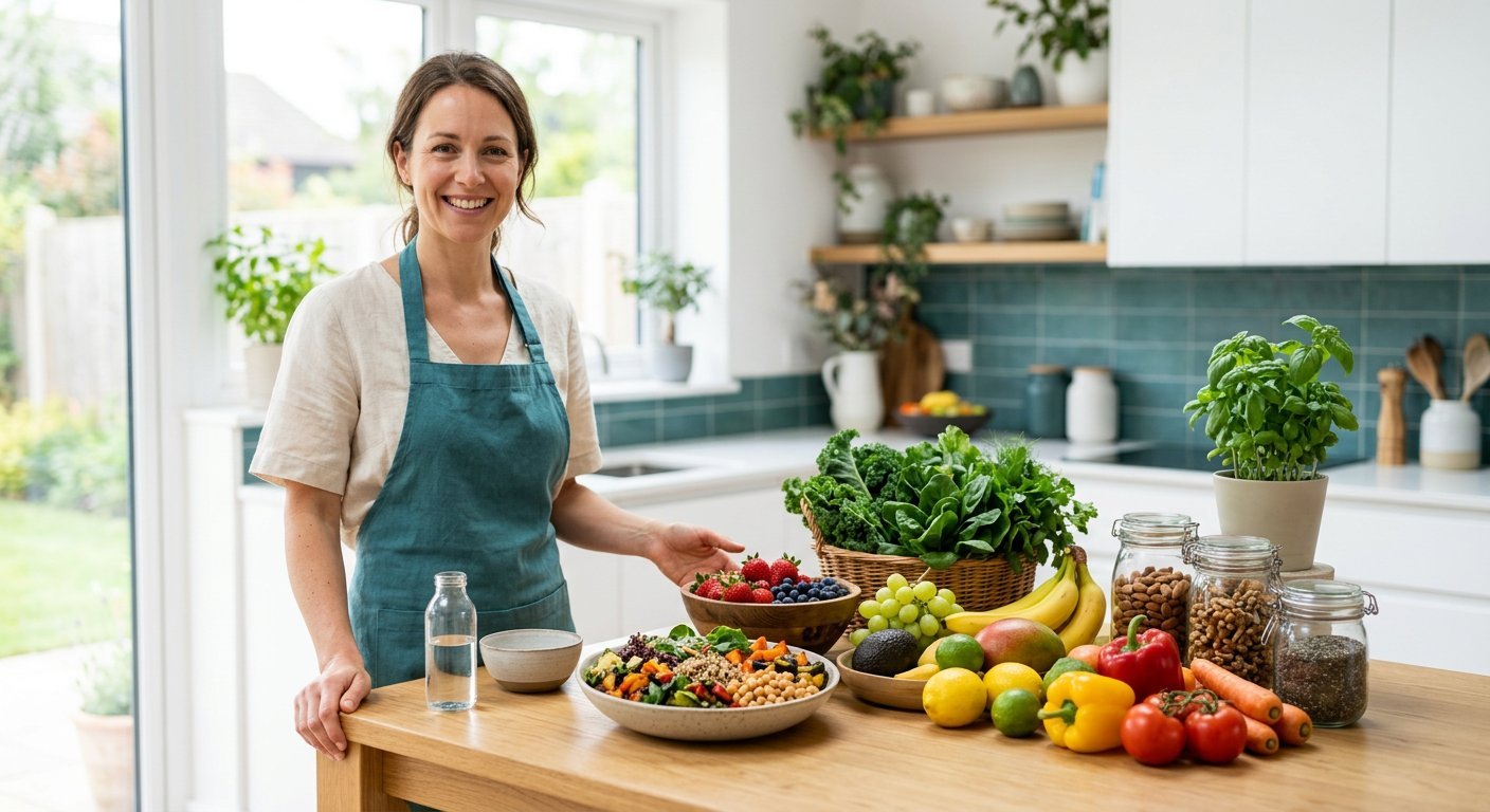 Nutritionist beside a table of colorful fresh vegetables and fruits
